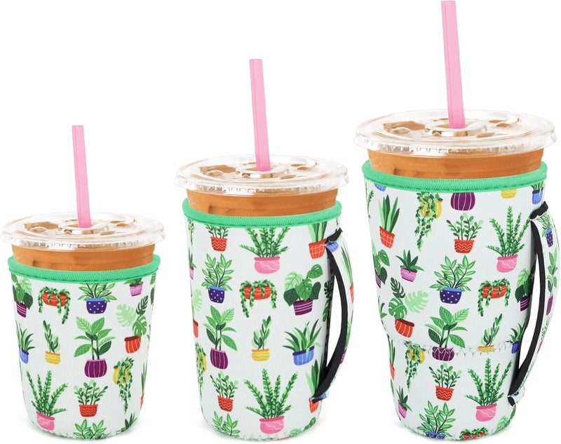 Snowso 3 Pack Iced Coffee sleeve Insulated Neoprene Cup Sleeves with handle For Cold Drinks Beverages, Reusable Cup Holder for 16oz-32oz Coffee Cups (Green Living) - Image 1